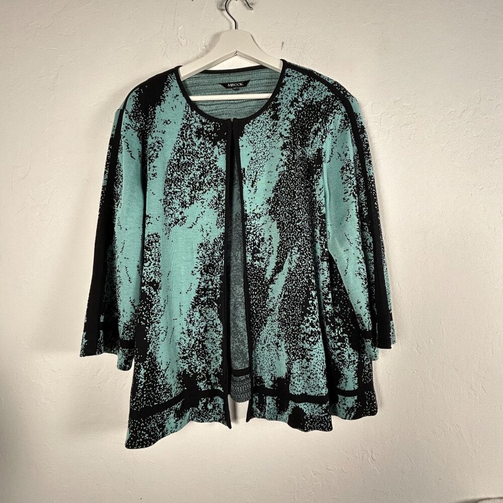 Misook Women Aqua Blue Black Open Front Knit Cardigan Sweater Casual Lightweight
